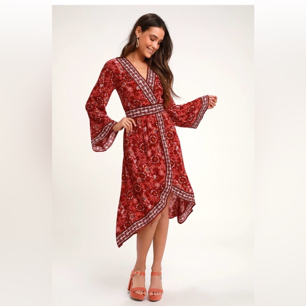 Lulus Daydream Red Floral Print Bell Sleeve Dress
